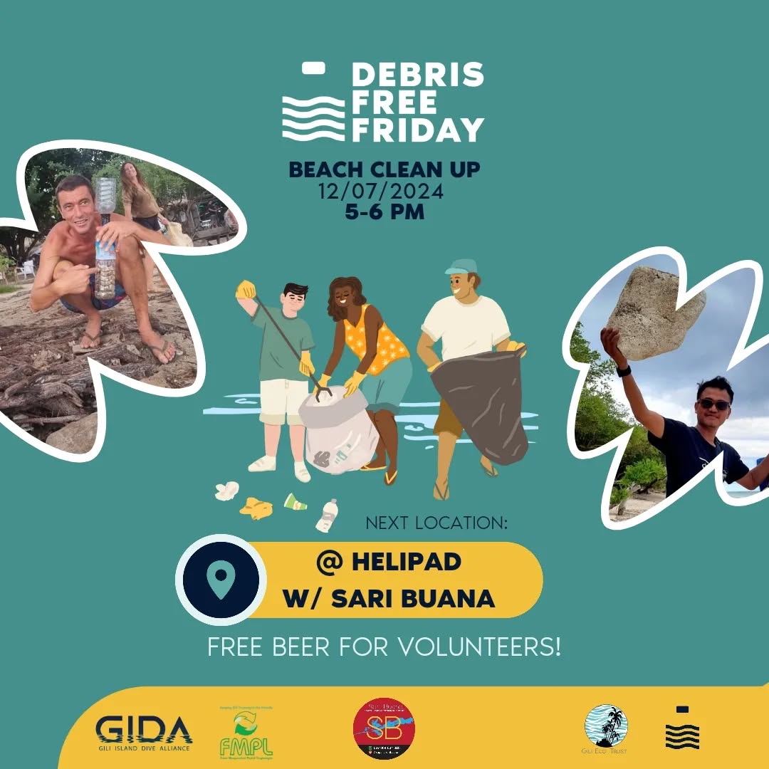 Poster Debris Free Friday dengan foto relawan.